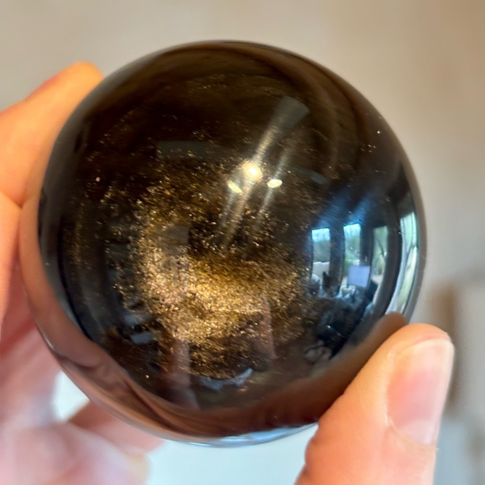 ✨ Golden Obsidian Crystal Sphere – Shimmering & Reflective ✨